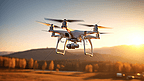 无人机在夕阳下飞行，特写文字。带有相机的四轴飞行器运行室外太阳耀斑效果。娱乐现代科技创新理念
