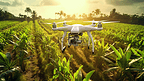 无人机飞过草地。绿色木薯地里的无人机。无人机直升机飞行与高分辨率数码相机在农作物领域的农业概念