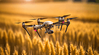 麦田上空飞行的无人机特写。农业和生产技术创新