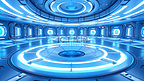 蓝色的飞船内部，发光的霓虹灯反射在地板上。未来走廊在空间站与圆形背景。三维渲染

