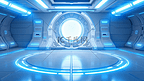 蓝色的飞船内部，发光的霓虹灯反射在地板上。未来走廊在空间站与圆形背景。三维渲染

