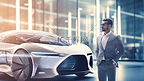 商人对模糊背景现代智能汽车界面的3D渲染
