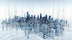 抽象的3D城市渲染有线条和数字元素。具有电线纹理的数字摩天大楼。技术和连接概念。带线框摩天大楼的透视架构背景。
