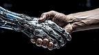网络通信和机器人概念。工业4.0网络物理系统概念。机器人和工程师，人类手牵着手，握手和图形作为背景