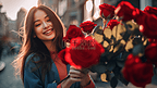女人抱着一束红玫瑰