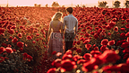 情侣站在玫瑰花田里