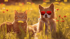 狗和猫在草地上一起戴着太阳镜