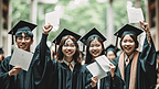  亚洲学生在毕业典礼上手拿毕业证书，在校园内合影