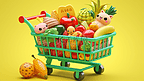 购物车装满了卡通玩具与水果