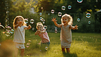 一些孩子在草坪上玩泡泡机