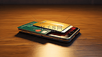 信用卡和手机都放在桌子上，手机里面有信用卡信息页
