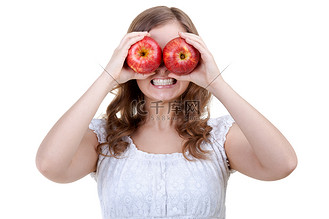 红苹果脸图片素材_拿着两个红苹果当眼睛的女人