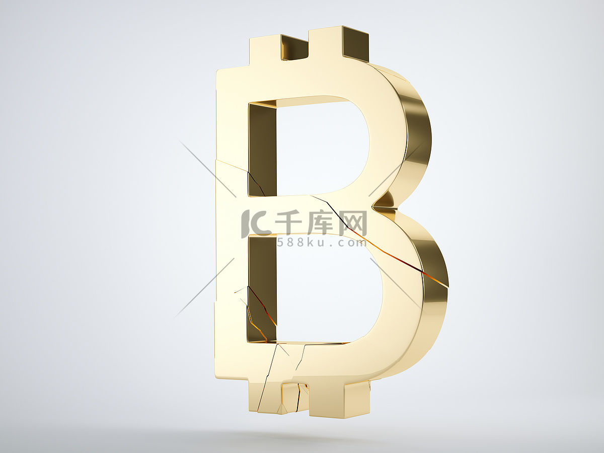 带裂缝的金色比特币符号高清摄影大图-千库网