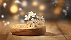 米色背景上有白色花朵的圆盘木