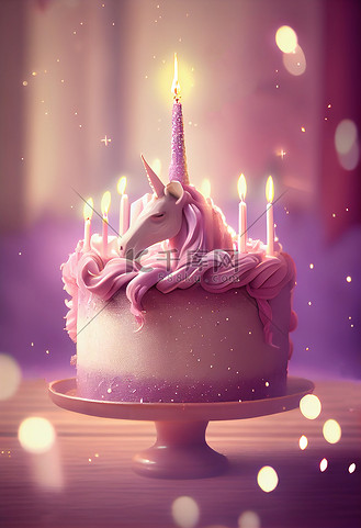 独角兽蛋糕设计,粉红色糖霜,燃烧蜡烛和闪闪发光的散景灯,生日,小女孩