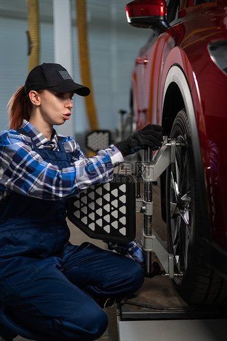 一位女汽车修理工在做外倾角.