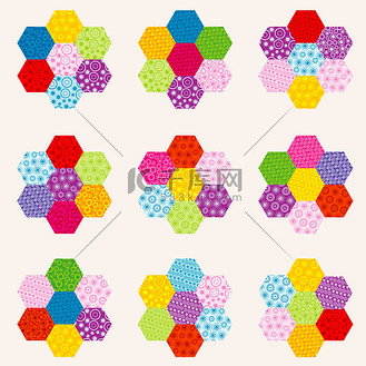 由六角形补丁制成的花朵拼接图案