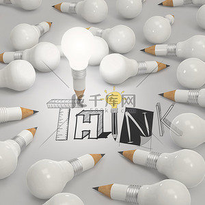 铅笔灯泡 3d 和设计词 THINK 作为概念高清摄影大图-千库网