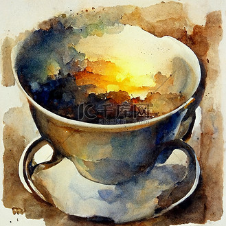 水彩画陶瓷杯热咖啡加牛奶或卡布奇诺.