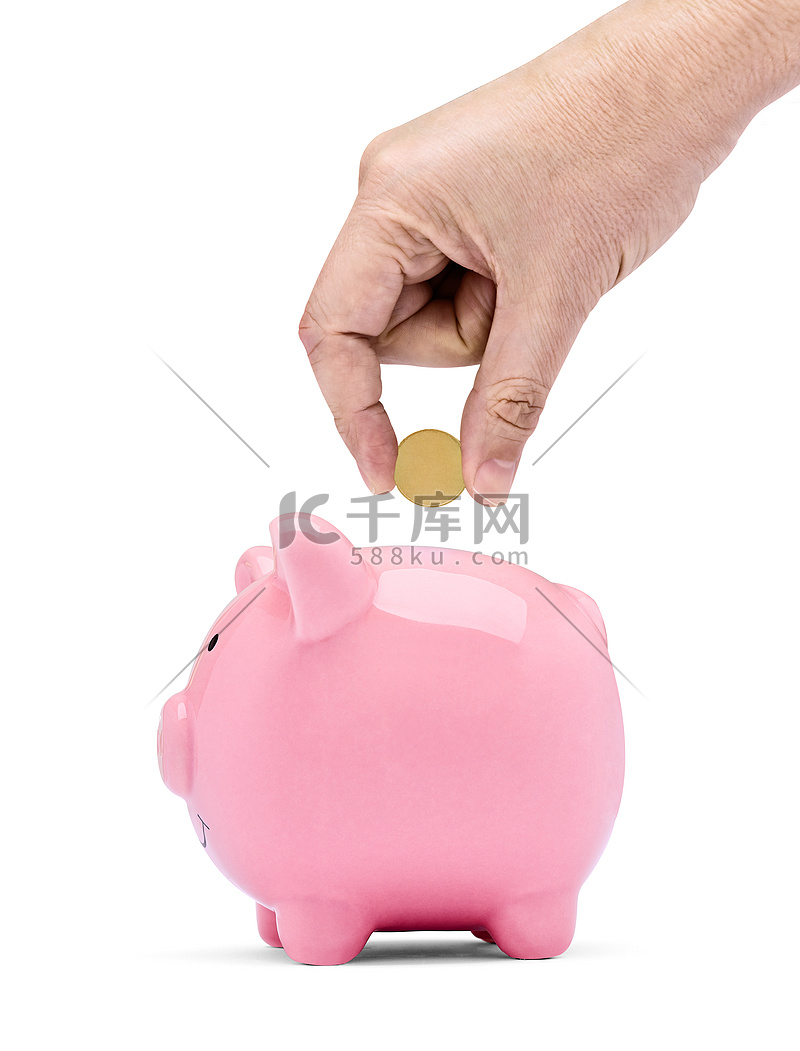 硬币金融存钱存钱罐商业投资银行存钱罐猪手拿着放高清摄影大图-千库网