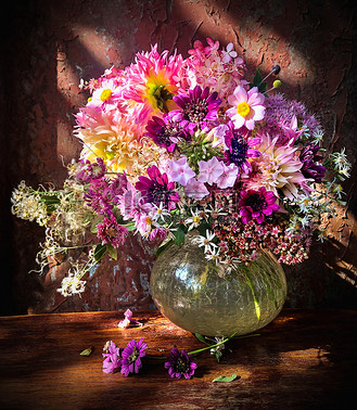 花束与大丽花, 海葵, montbrecia, 景天, 铁线莲, 翠菊, 福禄考