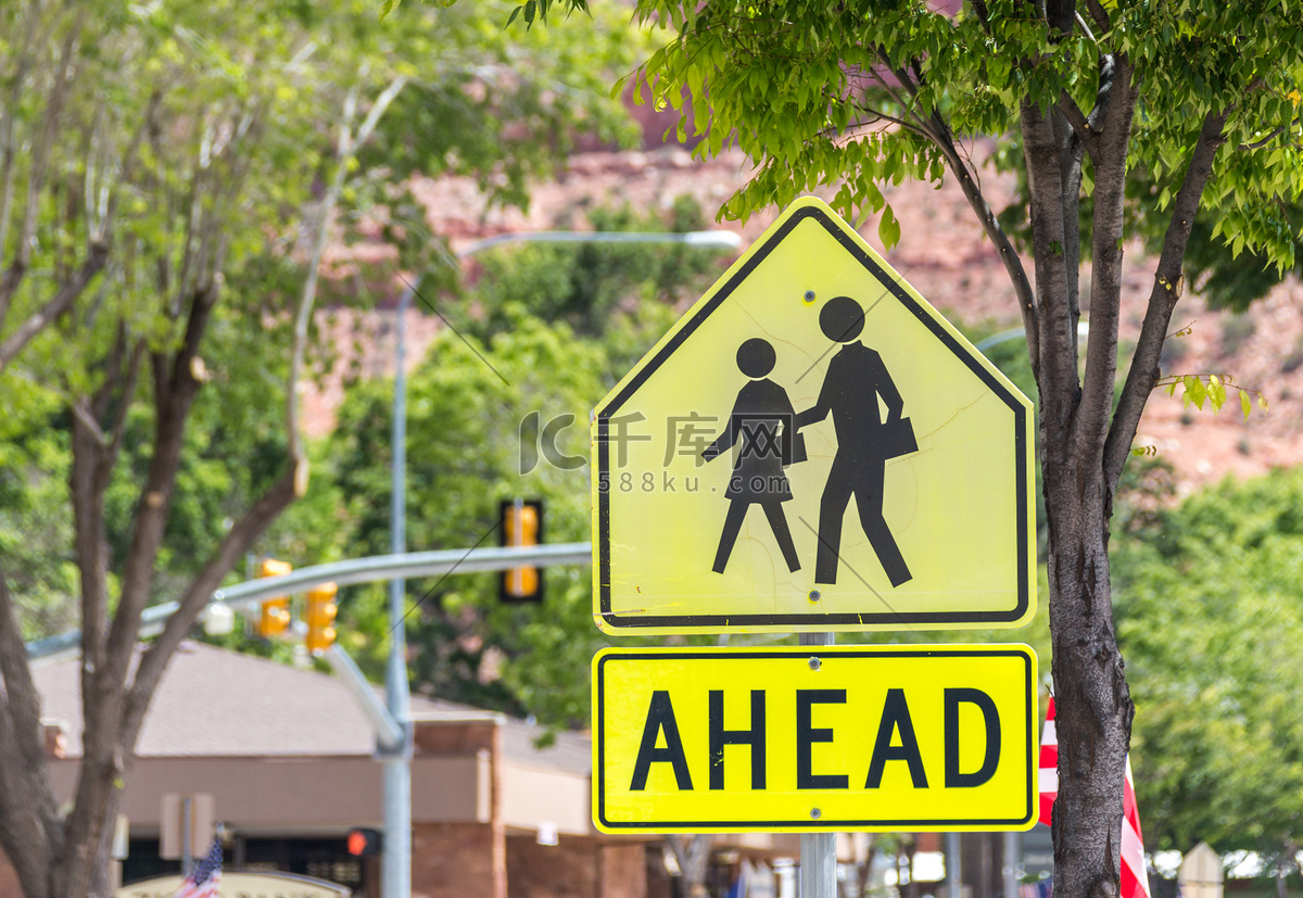 美国小镇绿树上的人行横道标志高清摄影大图-千库网