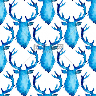 驯鹿圣诞水彩鹿雄鹿无缝图案蓝色.