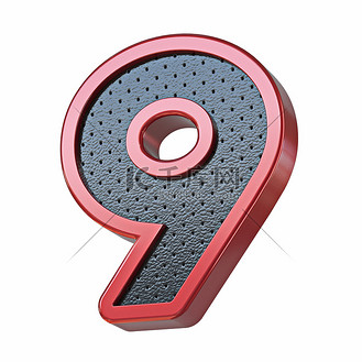 红色闪亮金属和黑色皮革字体数字 9 九 3d