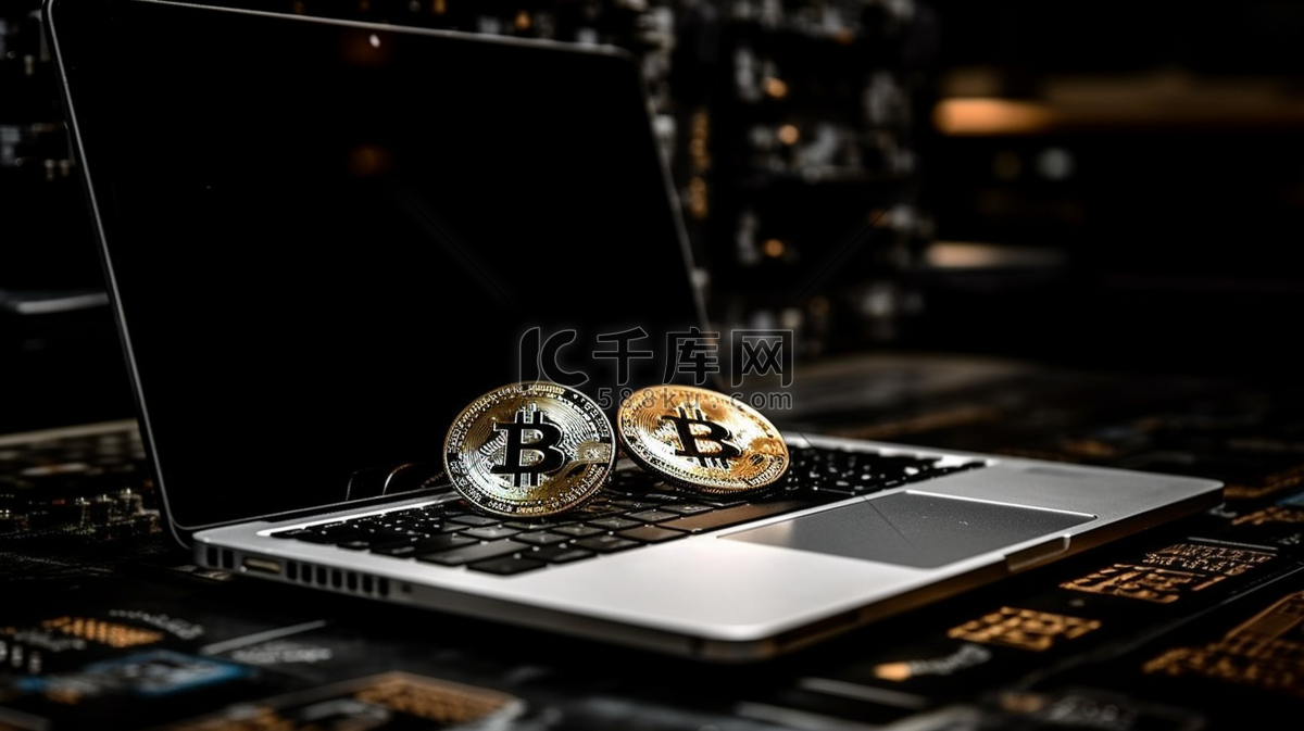比特币加密货币比特币BTC比特币笔记本电脑区块链技术比特币挖掘概念上的比特币高清摄影大图-千库网