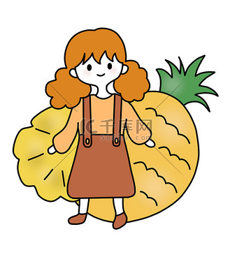一件棕色礼服的女孩有菠萝的