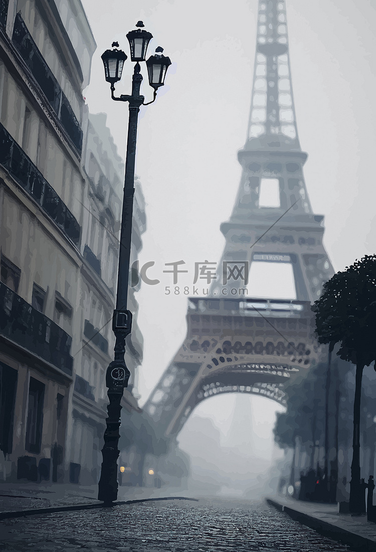 雾天以埃菲尔铁塔为背景的巴黎街景高清摄影大图-千库网