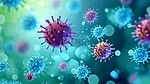 新冠病毒在浅紫色背景上的矢量图。
