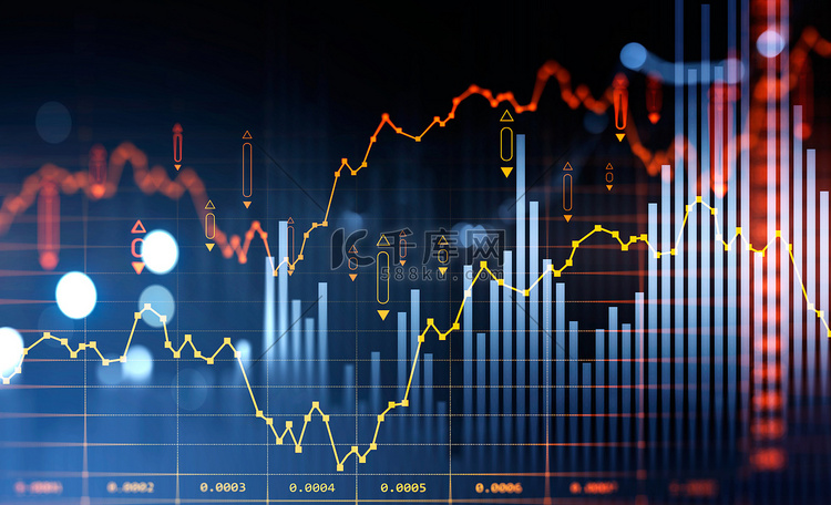 用直线、数字和条形图说明股票市场行为的财务图表和上升图。成功交易的概念。深蓝色背景。3d渲染高清摄影大图-千库网