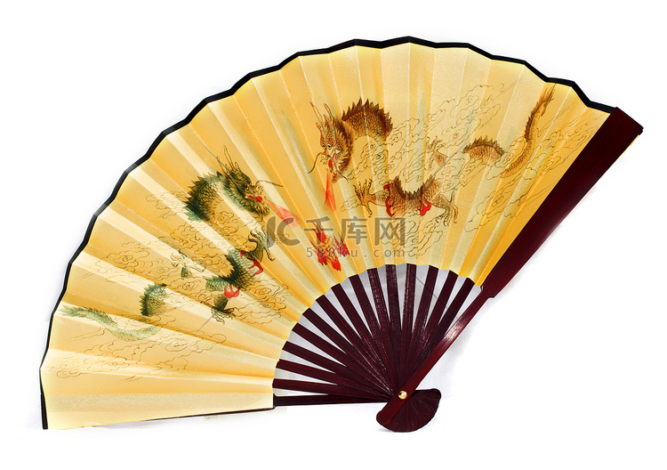 白色背景的黄色中国风扇高清摄影大图-千库网