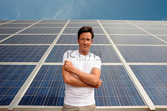 站在太阳能电池板前的男子