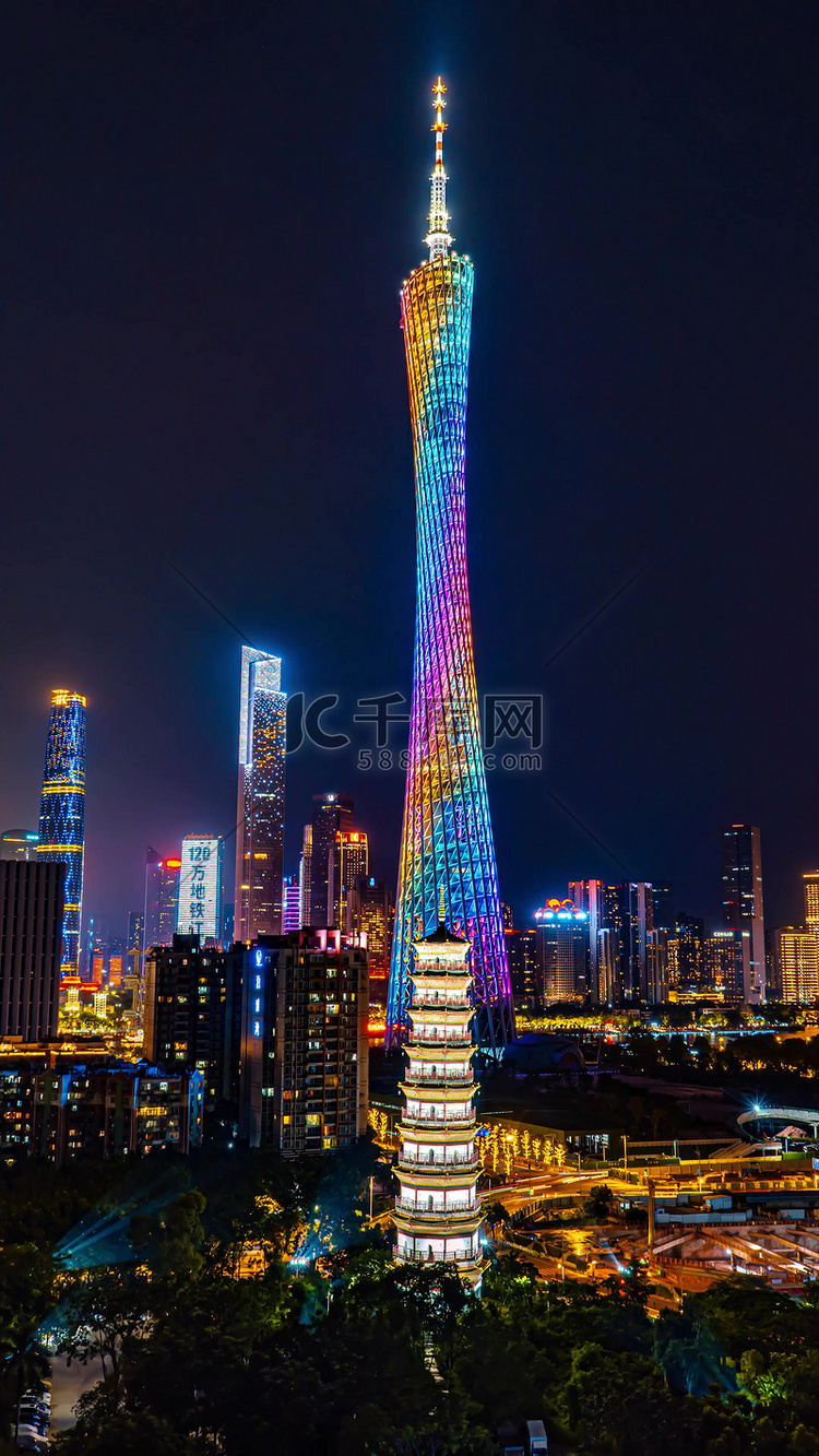 竖屏震撼广州塔珠江新城CBD夜景高清摄影大图-千库网