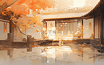 秋天橙红色中国风庭院电商空镜场景背景