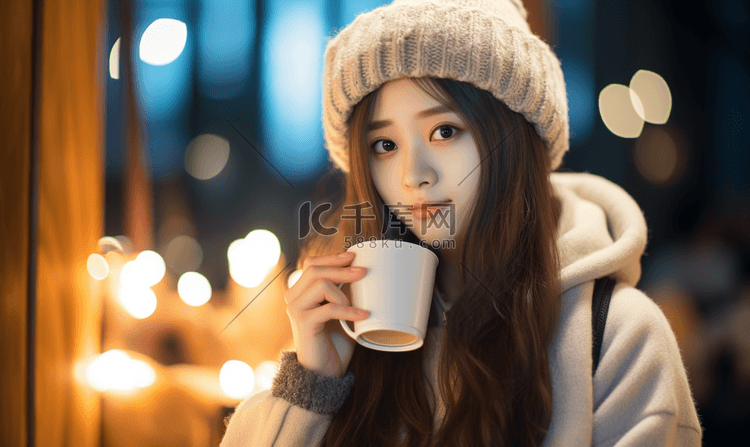 冬日里正喝咖啡的女孩高清摄影大图-千库网