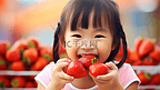 拿着草莓开心的小女孩