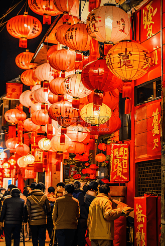 过年街道挂着红灯笼夜景摄影配图9