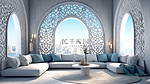 摩洛哥室内空间的 3D 渲染，带有复杂的阿拉伯激光切割图案装饰窗户和家具