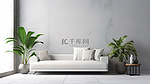 现代客厅艺术白色沙发和植物装饰的 3D 渲染，空白墙背景