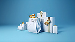 金色蝴蝶结 3D 白色礼品盒，蓝色背景上有折扣优惠券，以 3D 呈现
