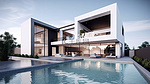 以 3d 渲染的游泳池和车库为特色的现代住宅