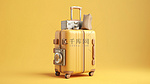 柔和的黄色背景 3D 渲染手提箱中的旅行必需品，打造完美的旅行概念