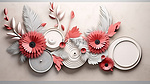 壁画壁纸上羽毛的充满活力的 3D 插图，带有白色圆圈和浅灰色背景的红色花朵