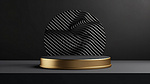 豪华黑色 3D 产品展示在波浪纺织背景上，配有金色突出的圆柱讲台架