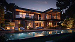一座宏伟的现代别墅的夜景，采用深色木材制成，配有令人印象深刻的花园和游泳池 3D 渲染