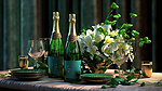 装饰精美的桌子，配有香槟酒杯和花束 3D 渲染