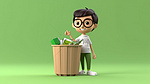 开朗的亚洲青少年与 3D 卡通风格的回收箱